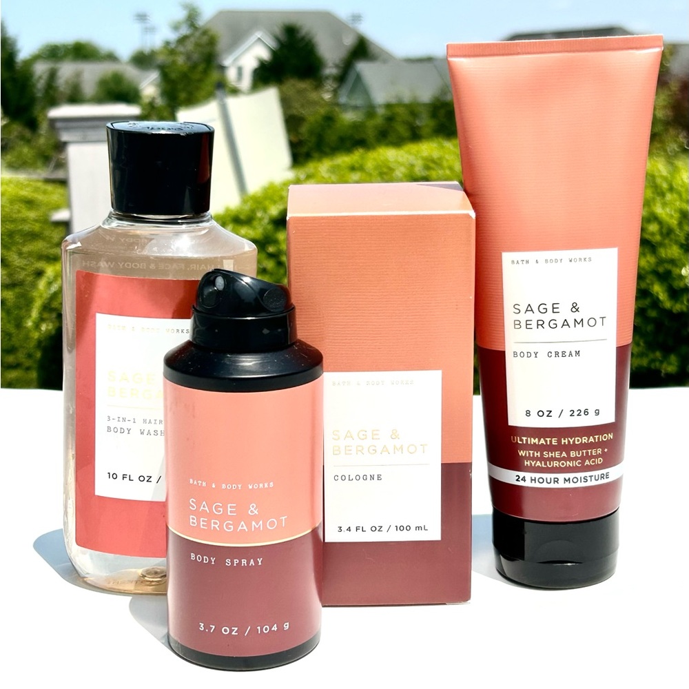 BATH & BODY WORKS Sage & Bergamot Cologne, Spray, Cream & 3-In-1 Wash New!!!